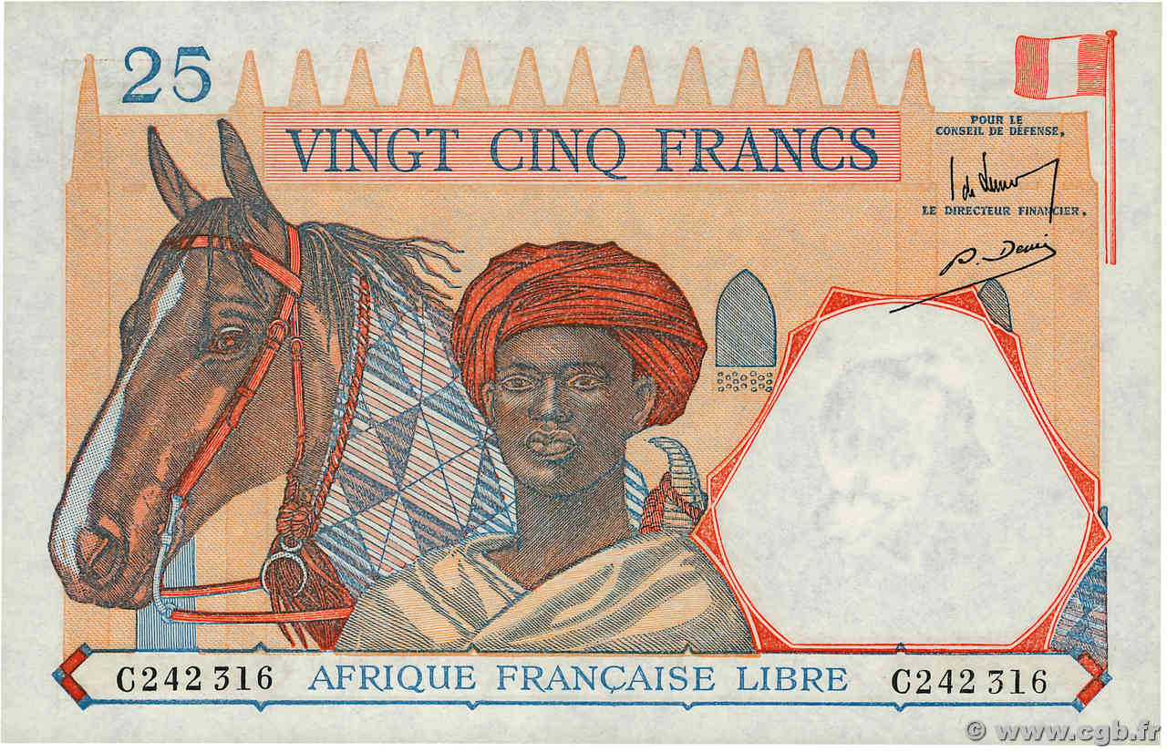 25 Francs type 1941 AFRIQUE ÉQUATORIALE FRANÇAISE Brazzaville 1943 A.115b NEUF
