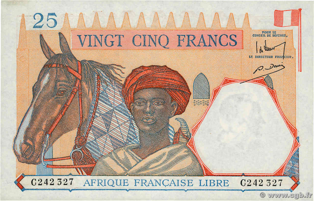 25 Francs AFRIQUE ÉQUATORIALE FRANÇAISE Brazzaville 1941 P.07a q.FDC