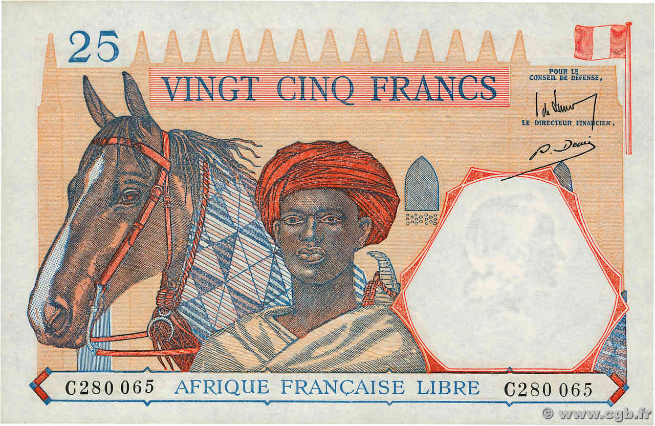 25 Francs FRENCH EQUATORIAL AFRICA Brazzaville 1941 P.07a AU+