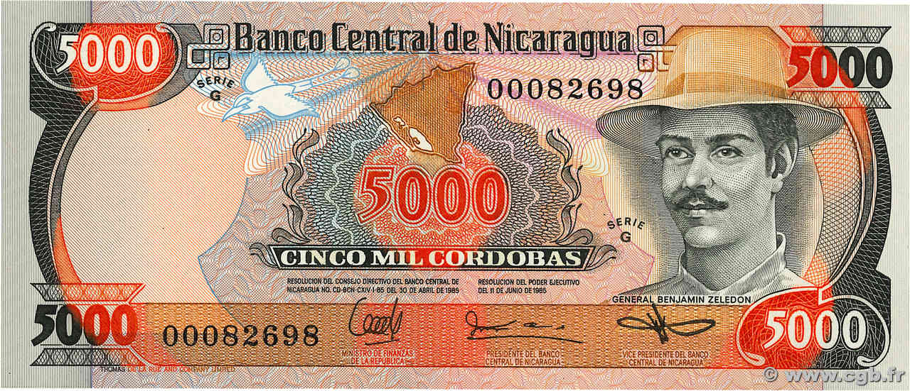 5000 Cordobas NICARAGUA  1987 P.146 UNC