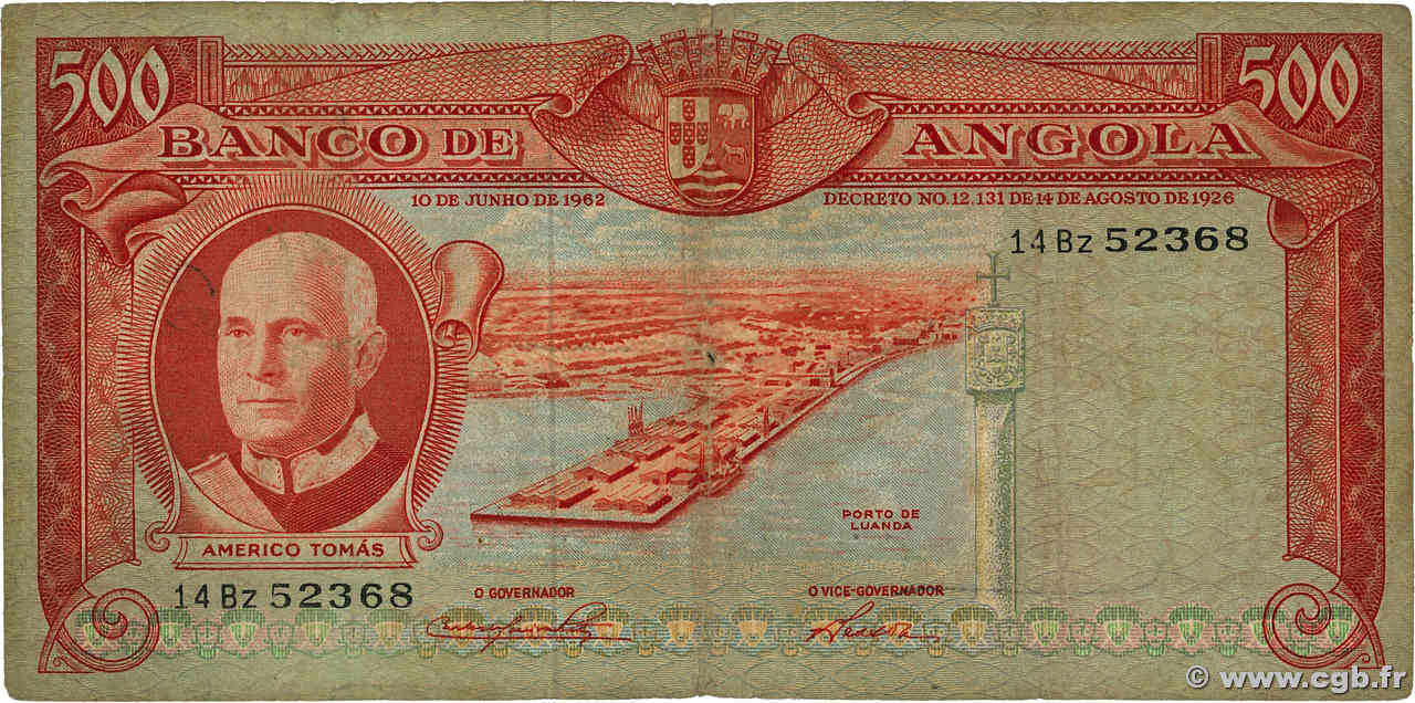 500 Escudos ANGOLA  1962 P.095 VG