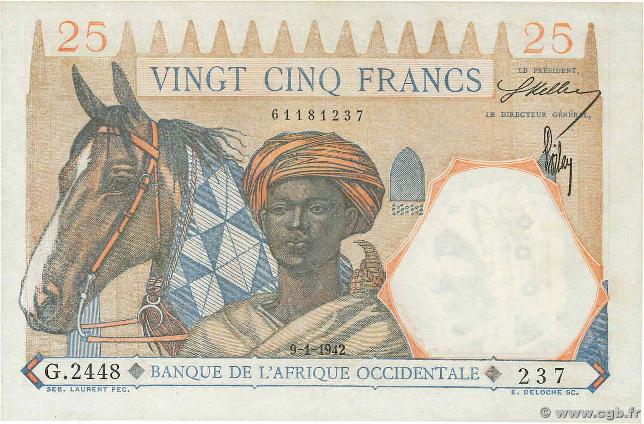 25 Francs FRENCH WEST AFRICA  1942 P.27 MBC+