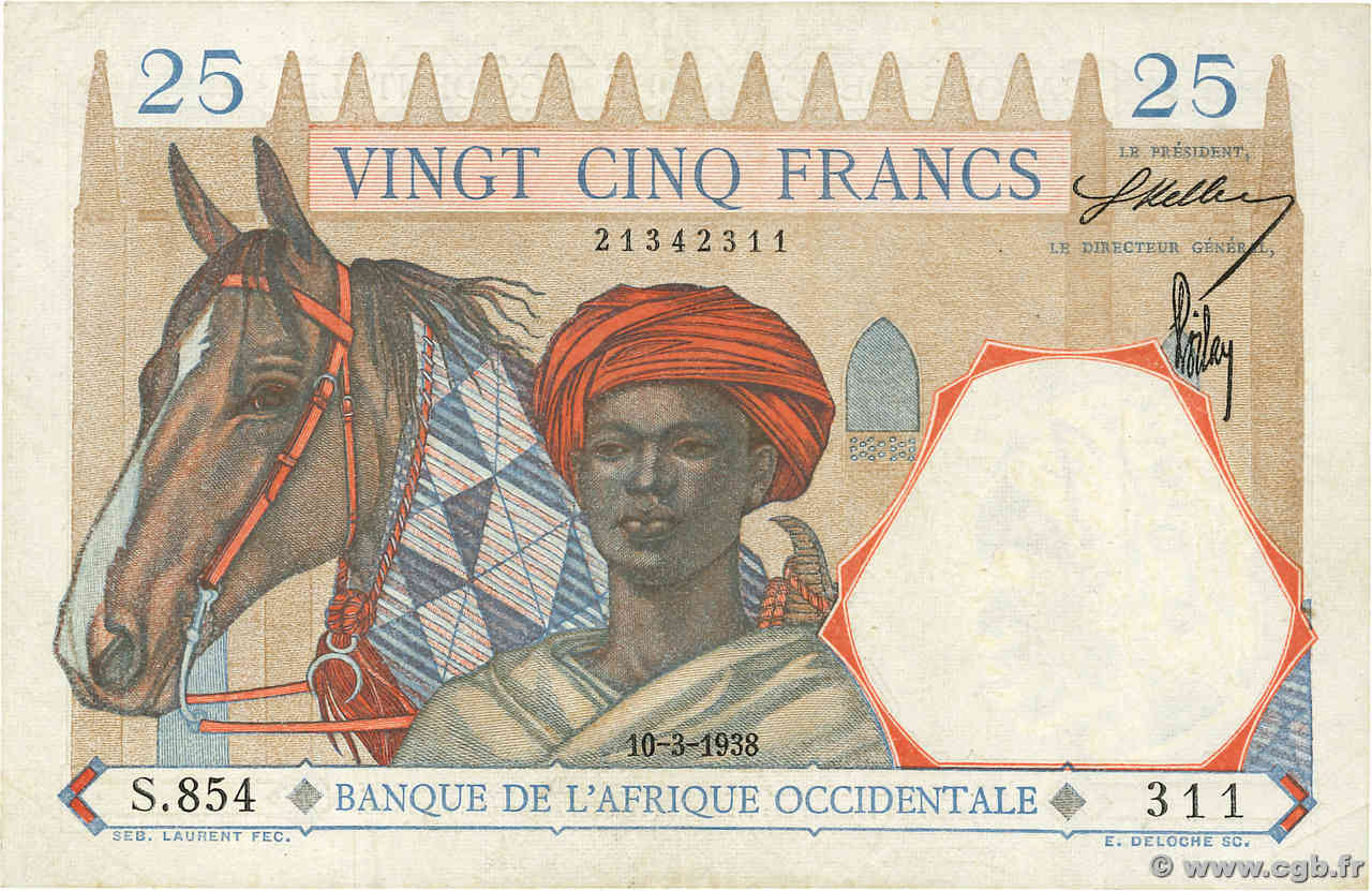 25 Francs FRENCH WEST AFRICA  1938 P.22 VF