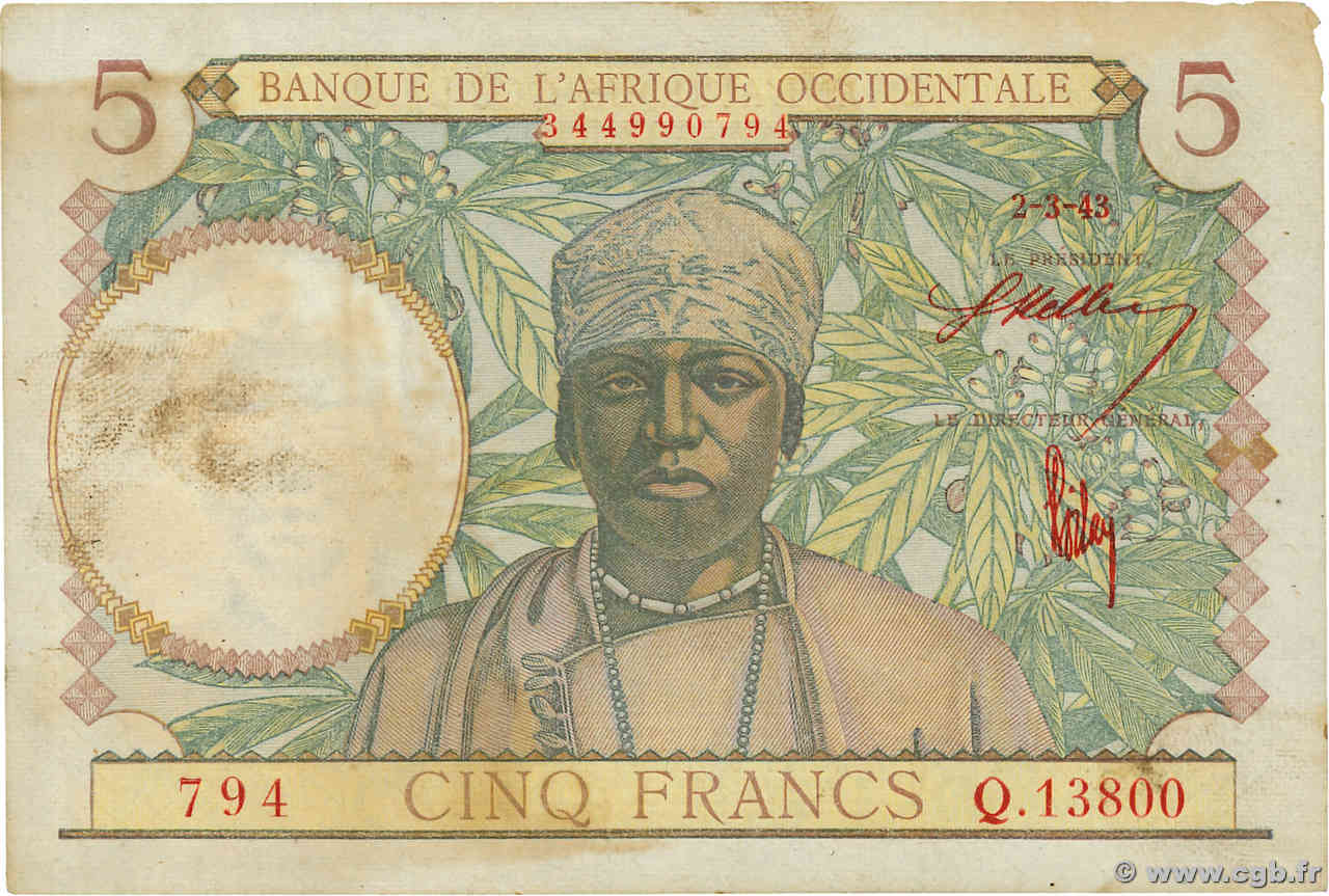 5 Francs AFRIQUE OCCIDENTALE FRANÇAISE (1895-1958)  1943 P.26 TTB