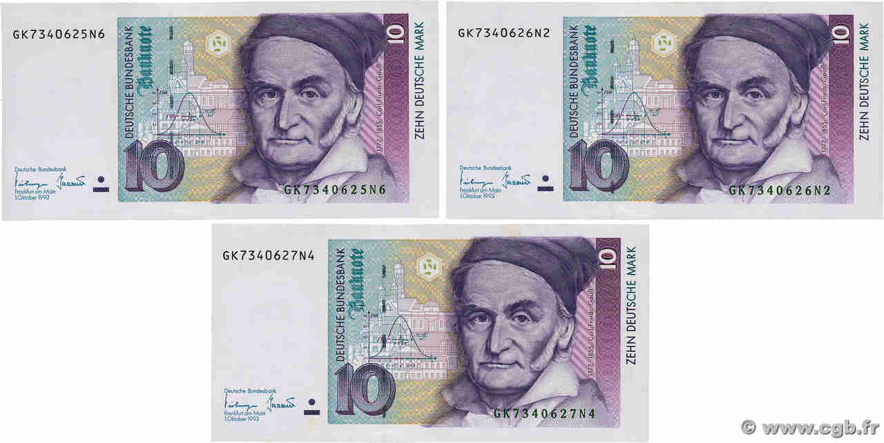 10 Deutsche Mark Lot GERMAN FEDERAL REPUBLIC  1993 P.38c UNC-