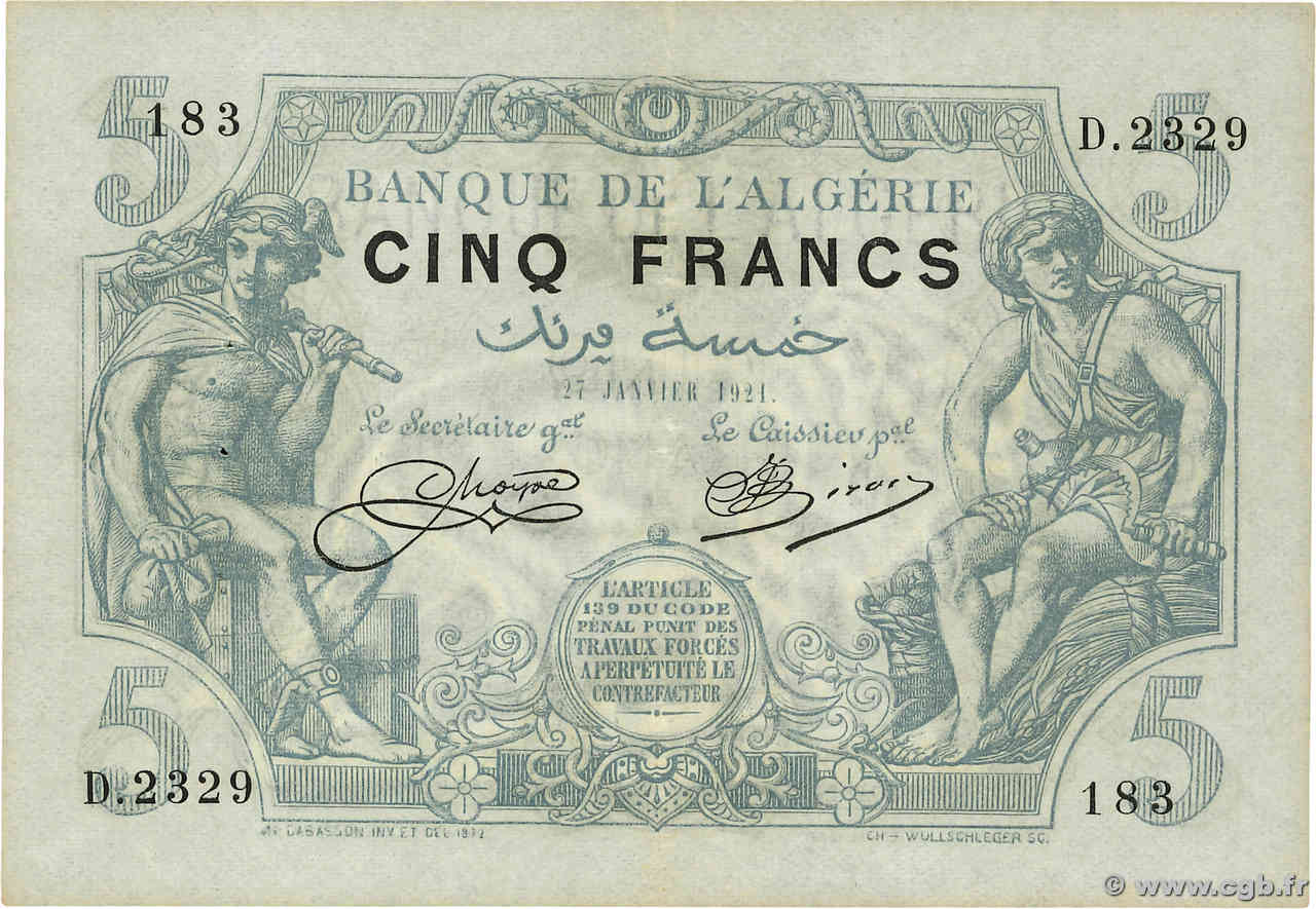 5 Francs ALGÉRIE  1921 P.071b SUP