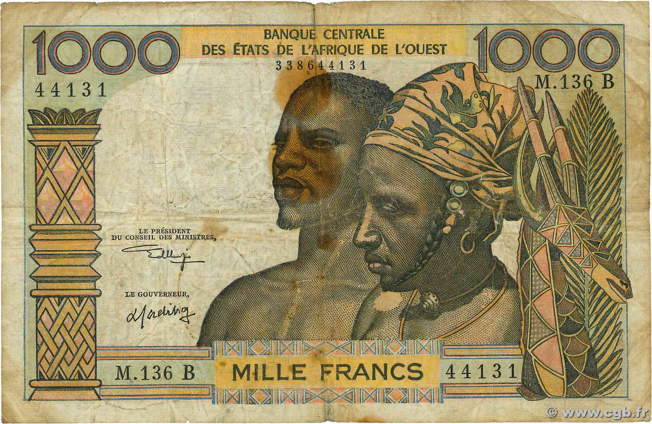 1000 Francs ÉTATS DE L&nbsp;AFRIQUE DE L&nbsp;OUEST  1965 P.203Bl TB