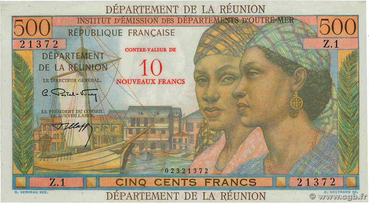 10 NF sur 500 Francs Pointe à Pitre ÎLE DE LA RÉUNION  1971 P.54b pr.NEUF