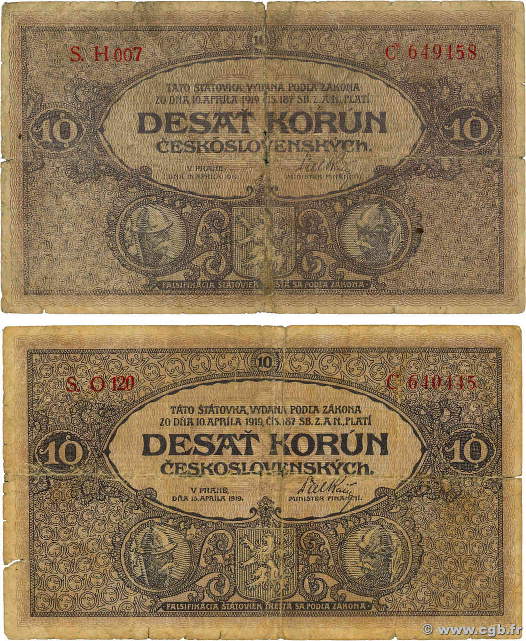 10 Korun Lot CZECHOSLOVAKIA  1919 P.008a G