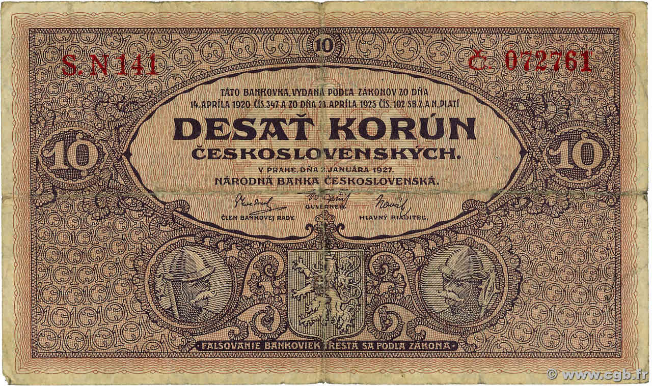 10 Korun TCHÉCOSLOVAQUIE  1927 P.020a B