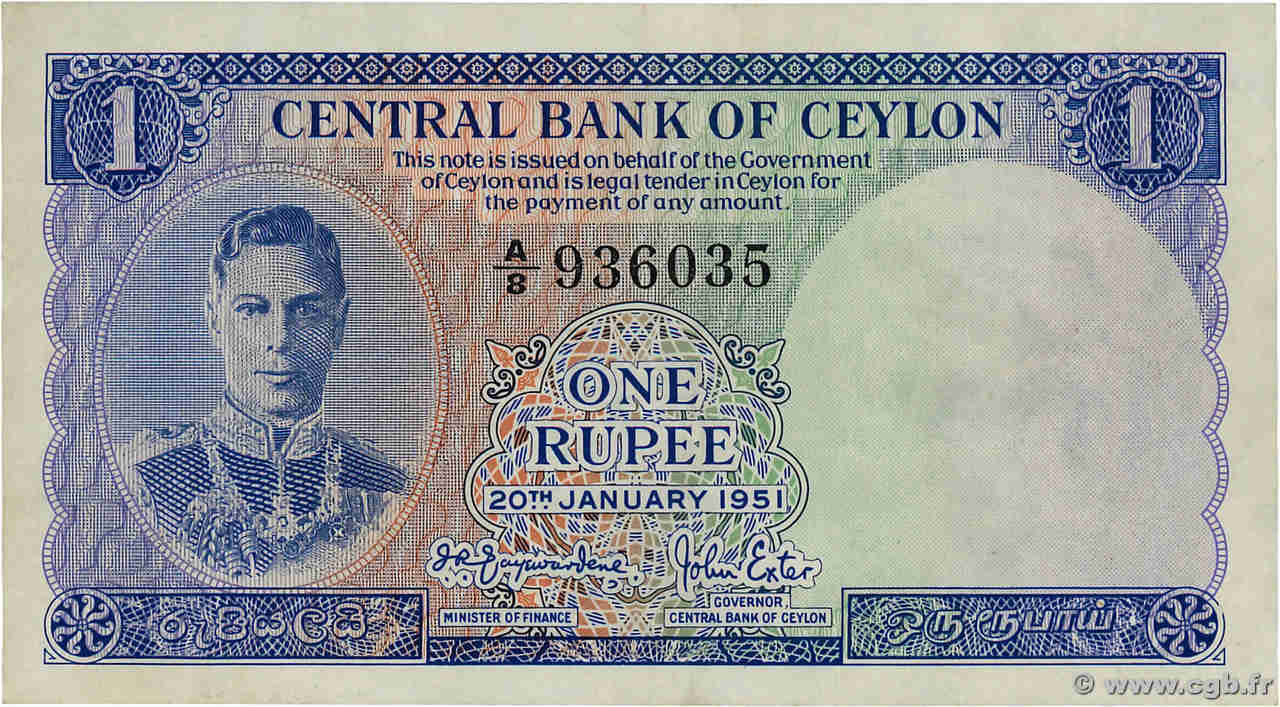 1 Rupee CEYLON  1951 P.47 UNC