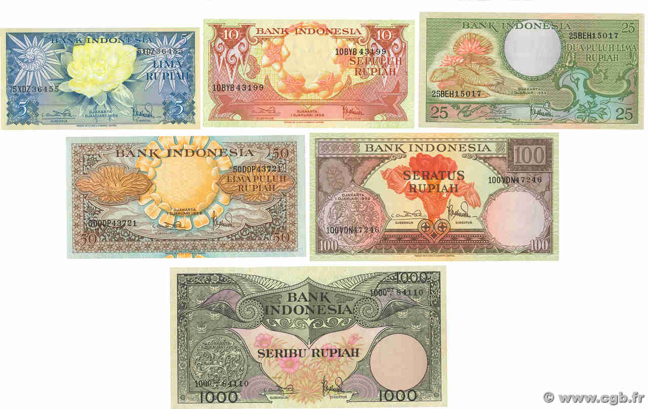 5 à 1000 Rupiah Lot INDONÉSIE  1957 P.065 à 069 et 071 pr.NEUF