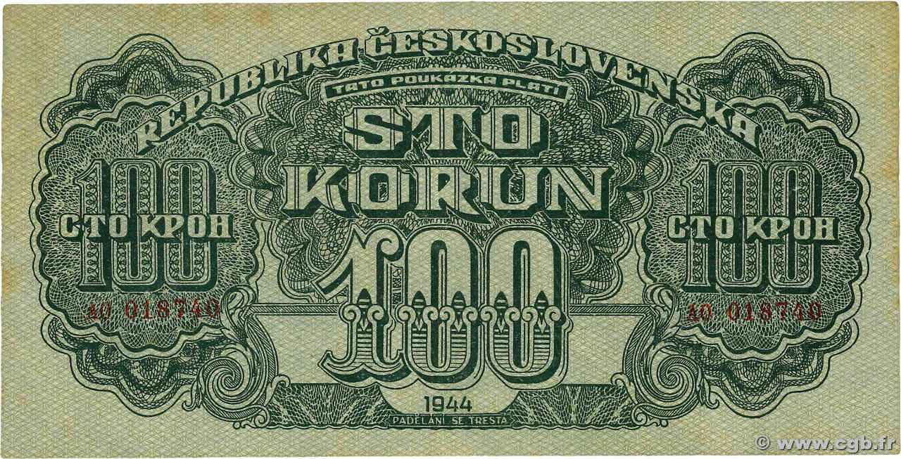 100 Korun TCHÉCOSLOVAQUIE  1944 P.048a TTB+