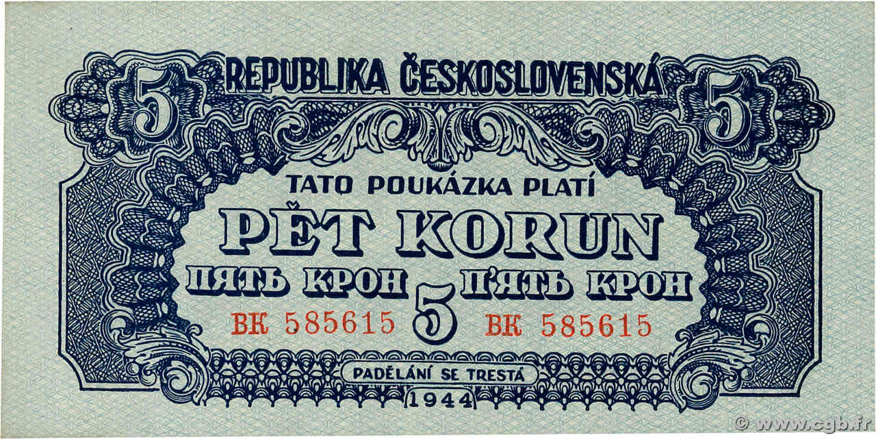 5 Korun TSCHECHOSLOWAKEI  1944 P.046b fST