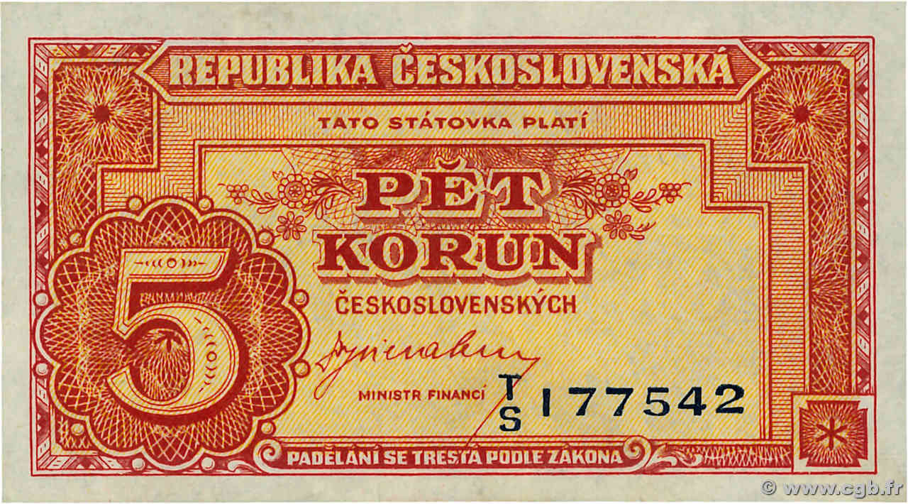 5 Korun CECOSLOVACCHIA  1945 P.059a SPL+