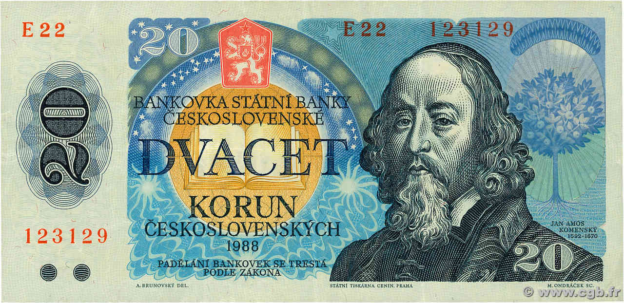 20 Korun TCHÉCOSLOVAQUIE  1988 P.095a TTB