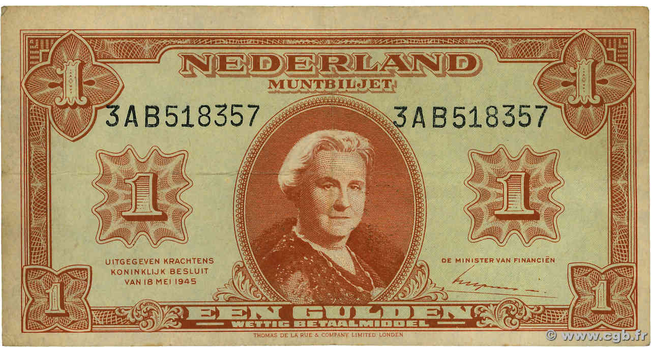 1 Gulden NETHERLANDS  1945 P.070 VF