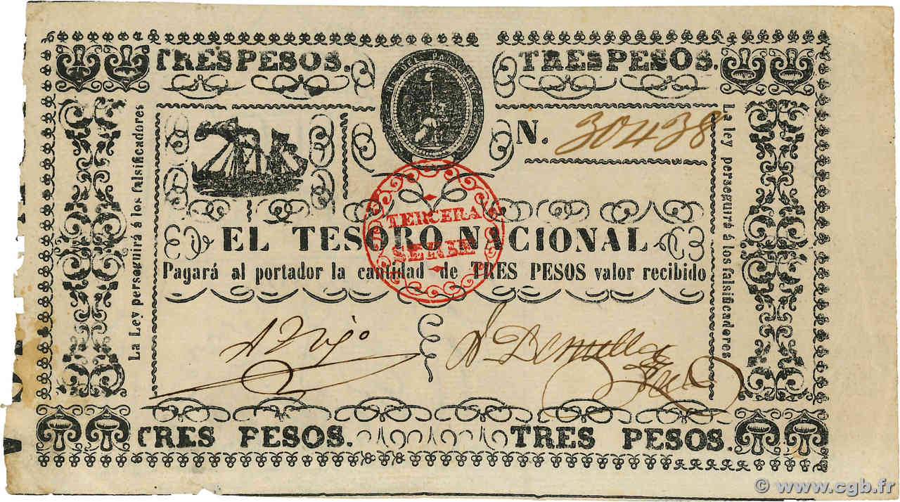 3 Pesos PARAGUAY  1868 P.031 VF+