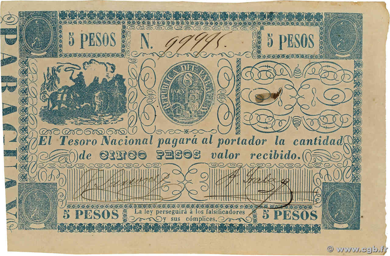 5 Pesos PARAGUAY  1865 P.025 VZ