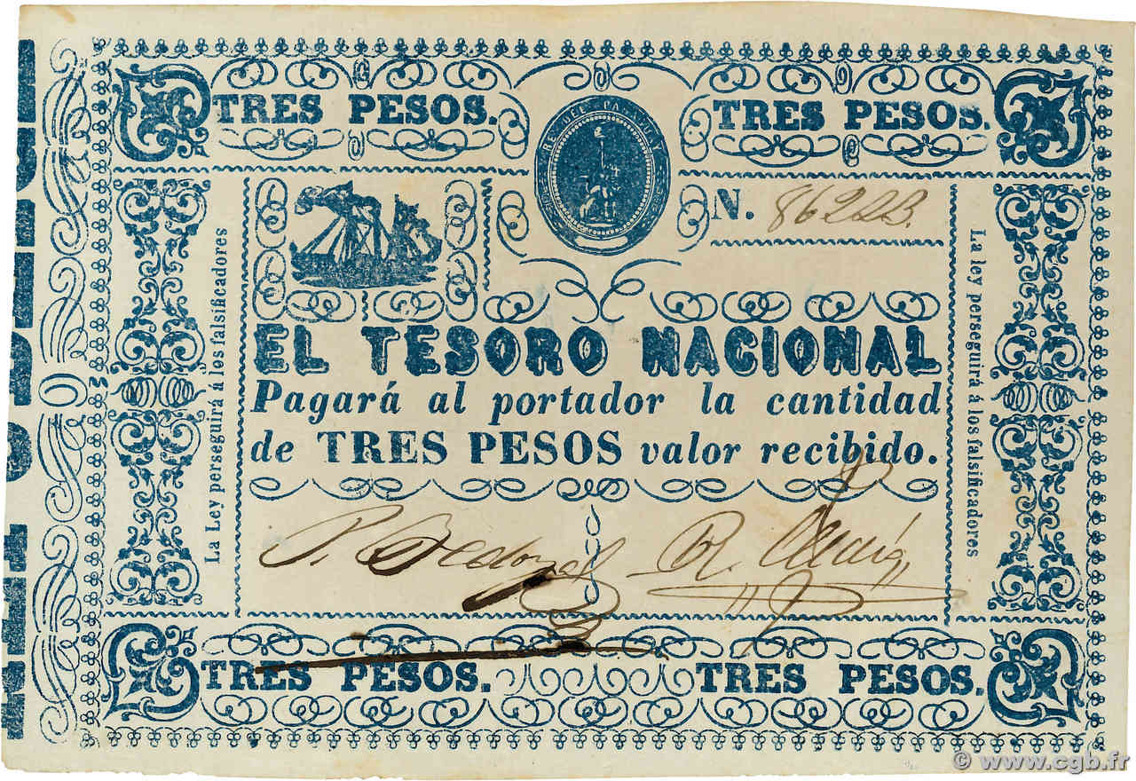 3 Pesos PARAGUAY  1865 P.023 TTB