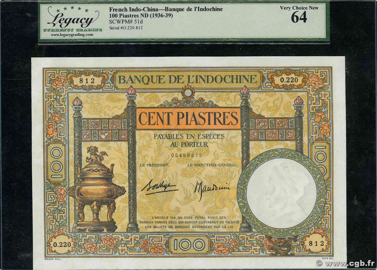 100 Piastres INDOCHINE FRANÇAISE  1936 P.051d pr.NEUF