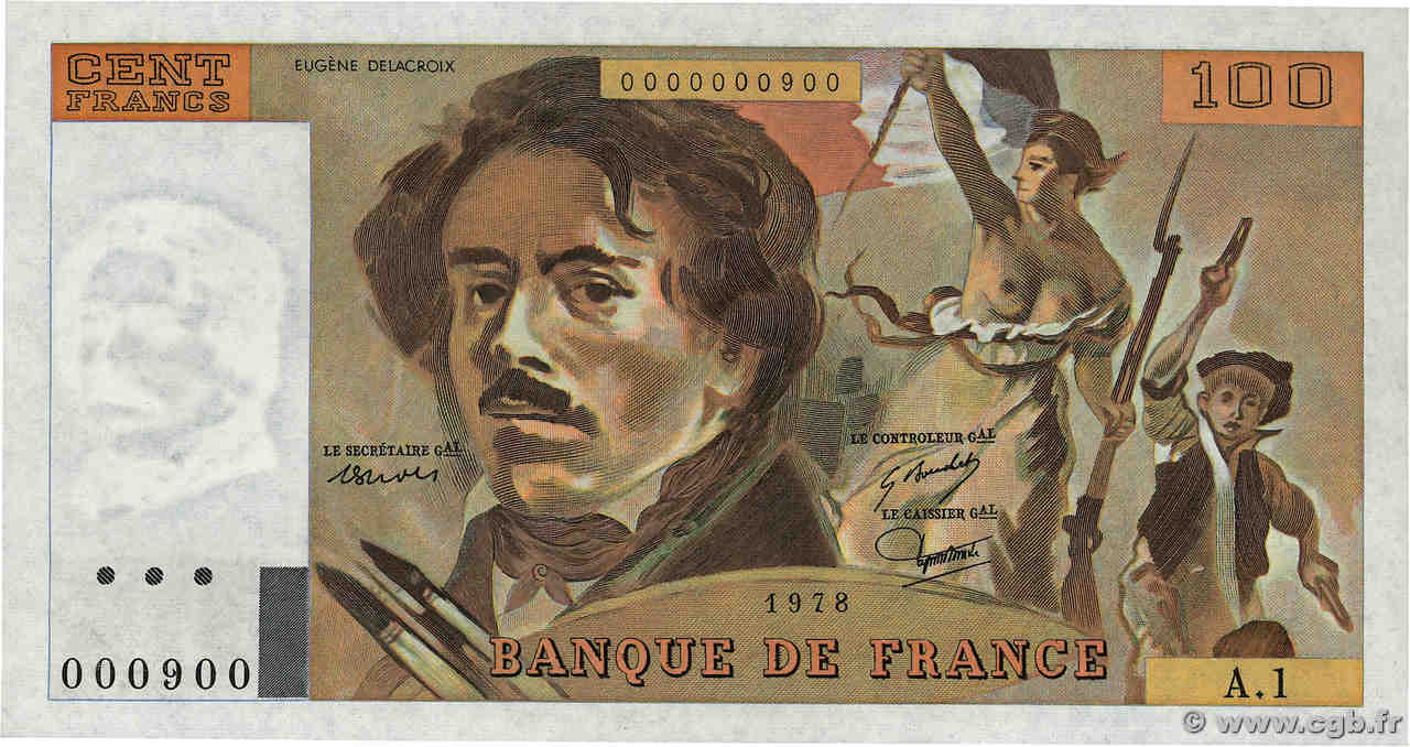 100 Francs DELACROIX Petit numéro FRANKREICH  1978 F.68.01A1 fST+