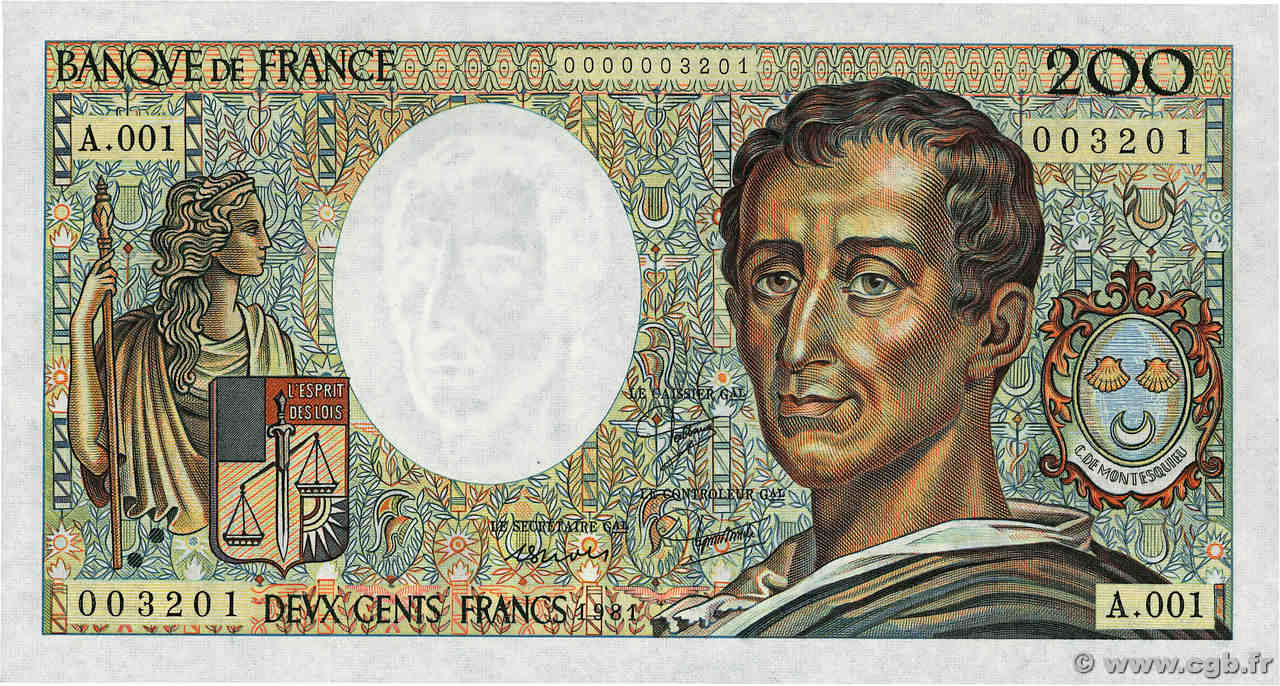 200 Francs MONTESQUIEU Petit numéro FRANCE  1981 F.70.01A1 UNC