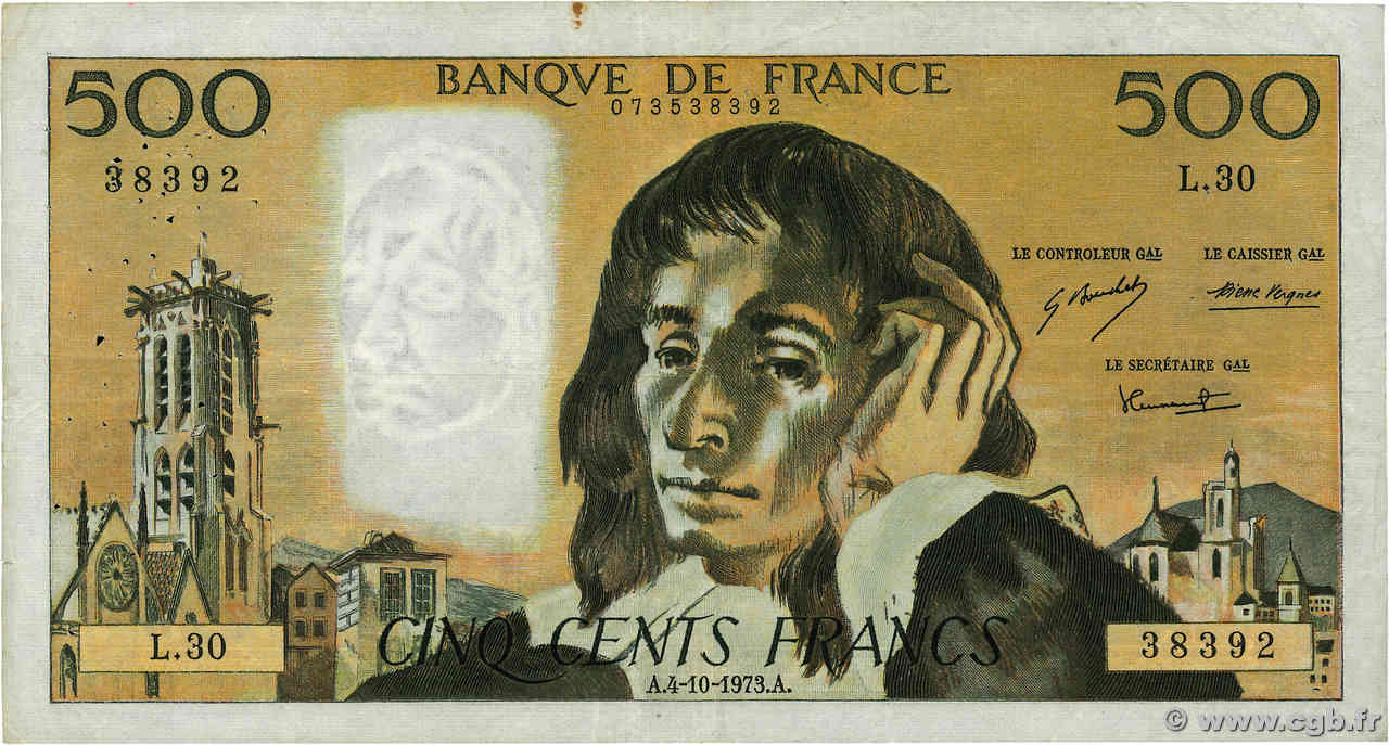 500 Francs PASCAL FRANCE  1973 F.71.09 TB