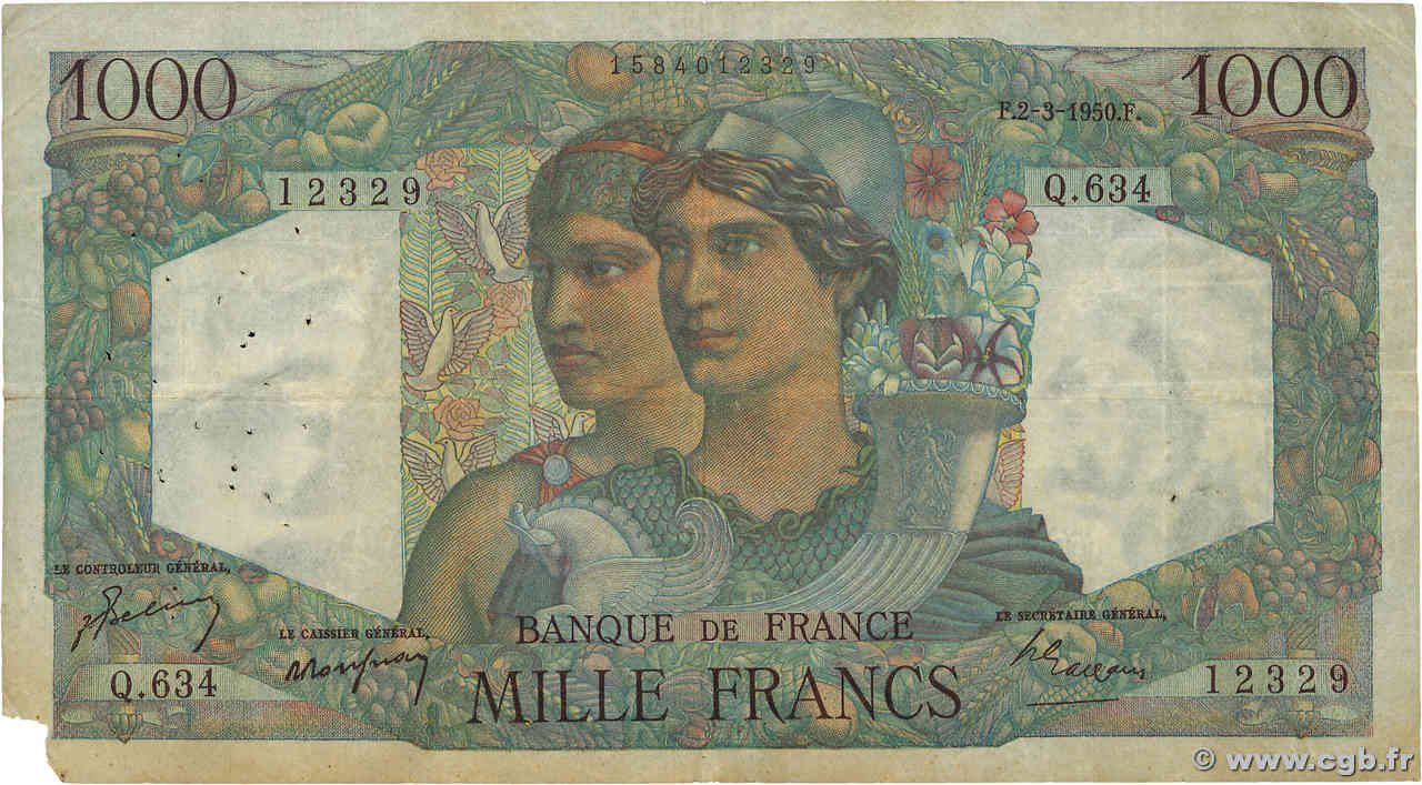 1000 Francs MINERVE ET HERCULE FRANCE  1950 F.41.31 VG