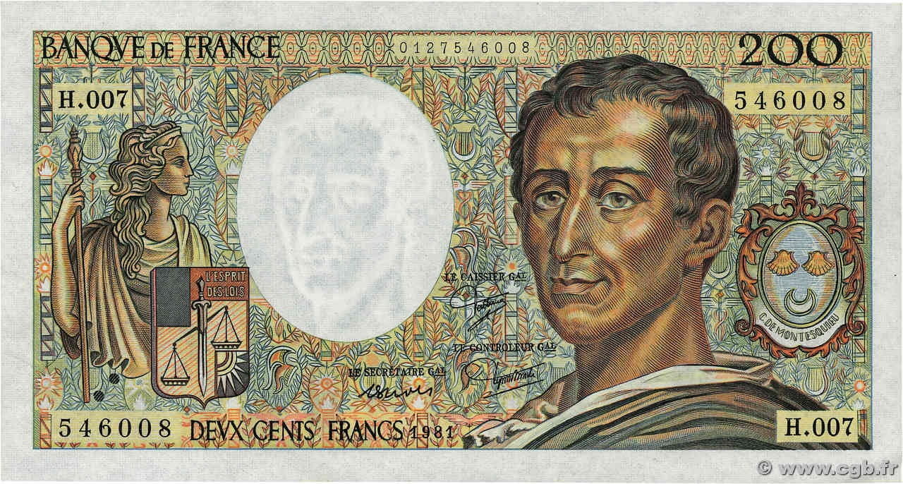 200 Francs MONTESQUIEU FRANCIA  1981 F.70.01 SPL