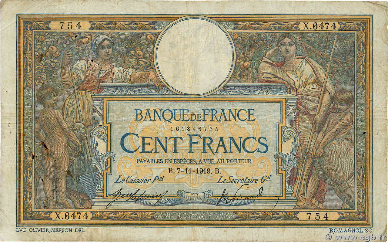 100 Francs LUC OLIVIER MERSON sans LOM FRANCE  1919 F.23.11 B+