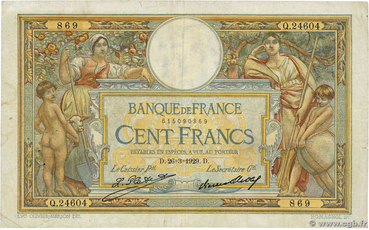 100 Francs LUC OLIVIER MERSON grands cartouches FRANCIA  1929 F.24.08 MB