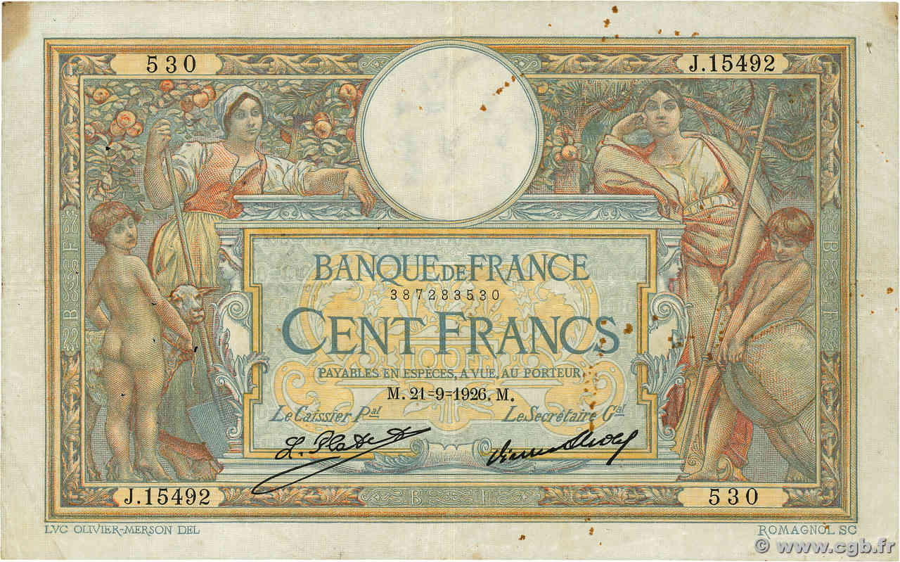 100 Francs LUC OLIVIER MERSON grands cartouches FRANCIA  1926 F.24.05 BC