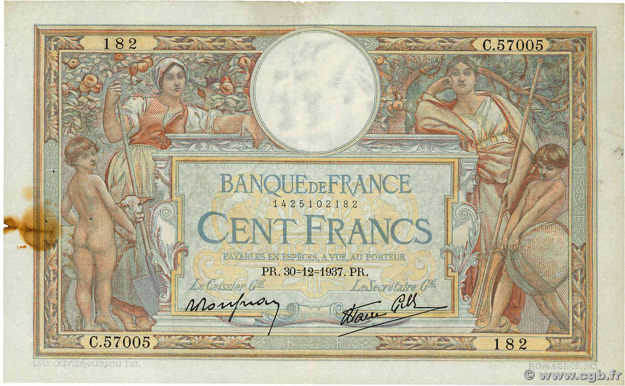 100 Francs LUC OLIVIER MERSON type modifié FRANKREICH  1937 F.25.07 SS