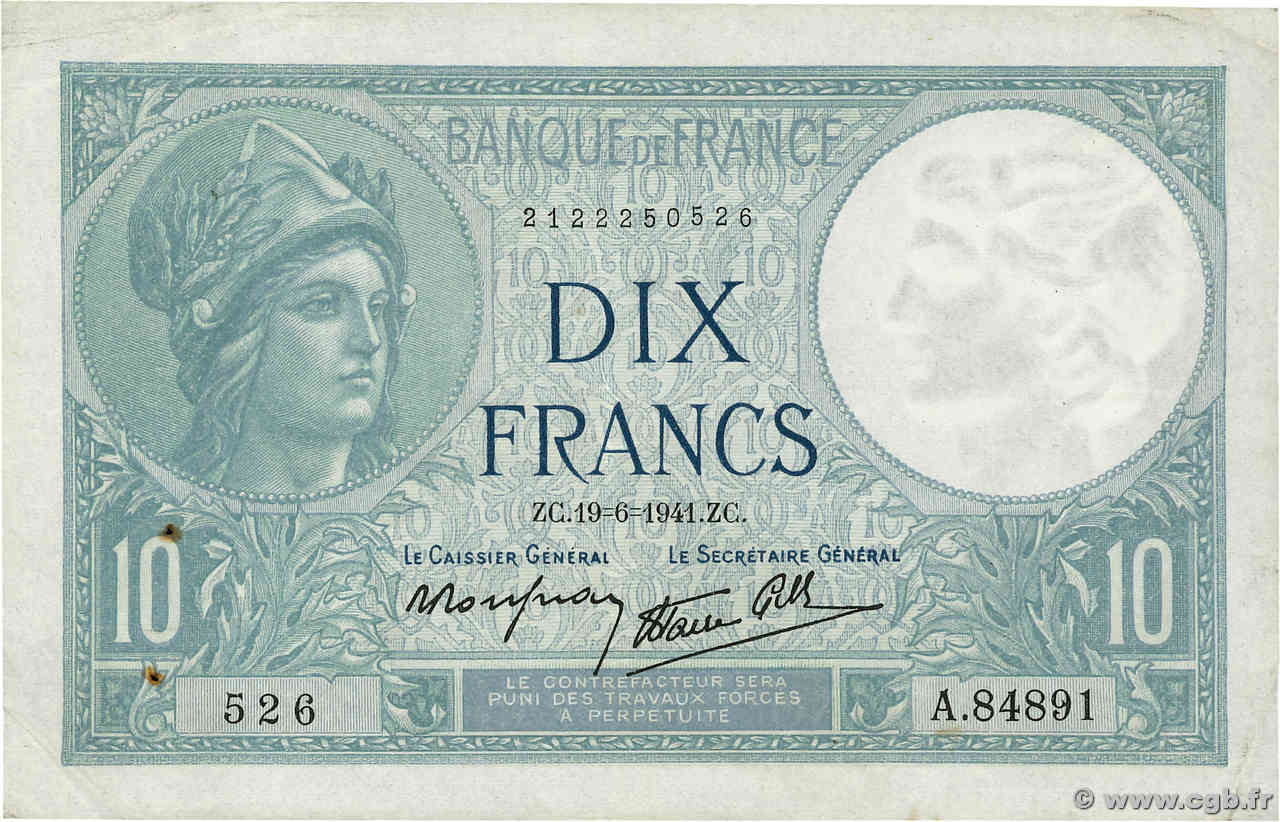 10 Francs MINERVE modifié FRANCE  1941 F.07.29 TTB