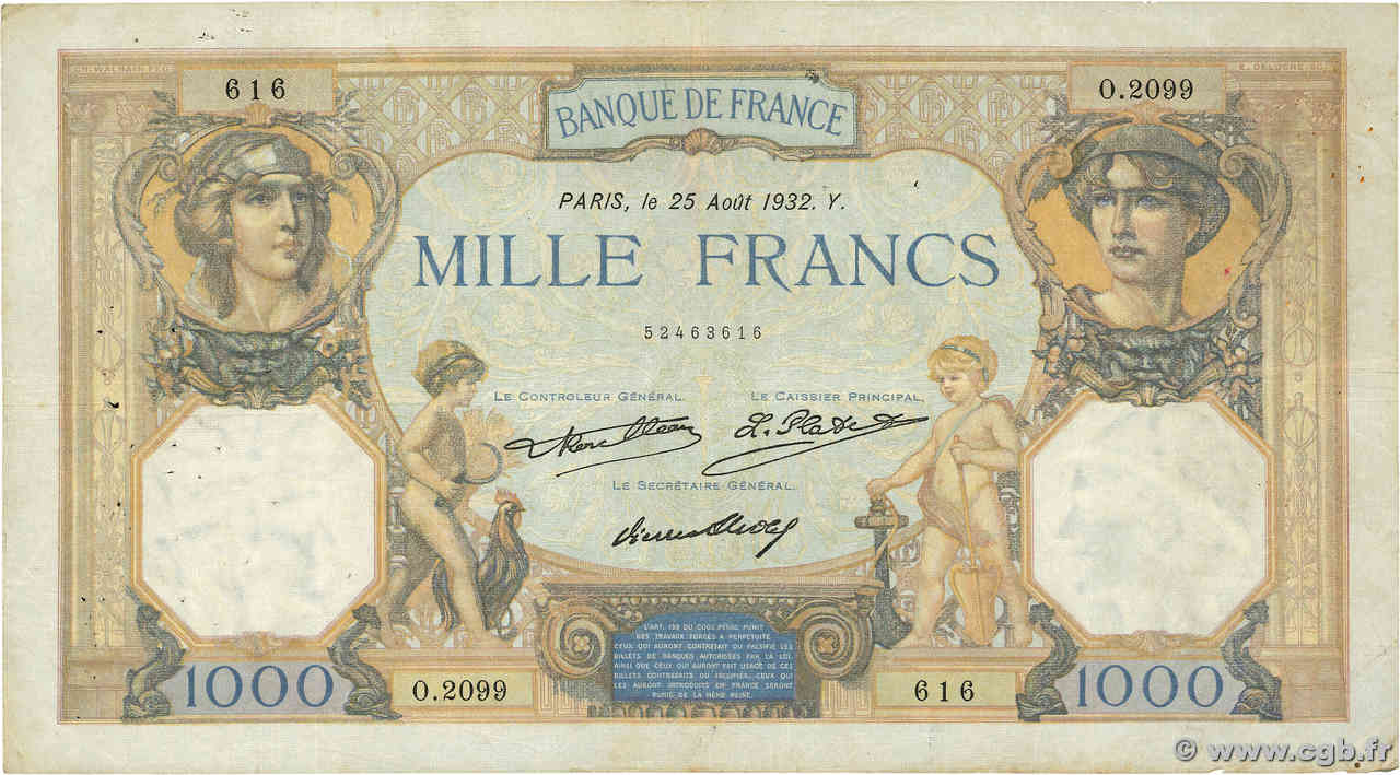 1000 Francs CÉRÈS ET MERCURE FRANCE  1932 F.37.07 TB