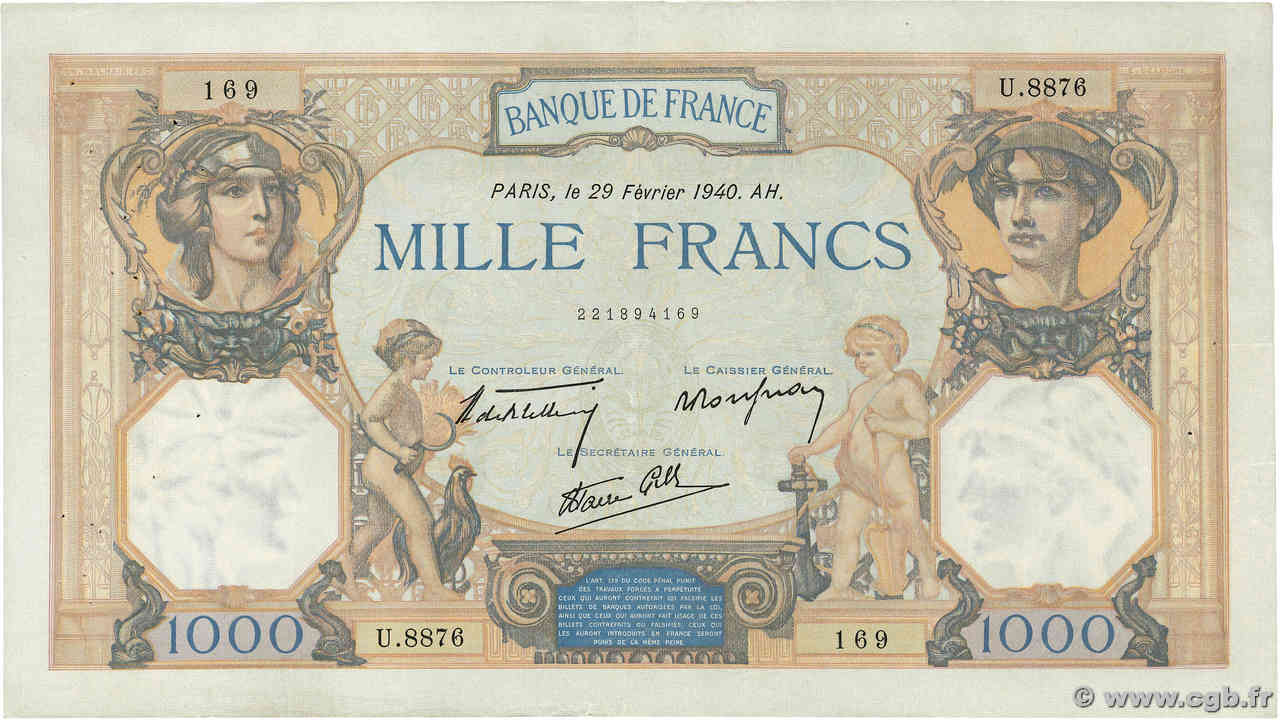 1000 Francs CÉRÈS ET MERCURE type modifié FRANCE  1940 F.38.43 TTB