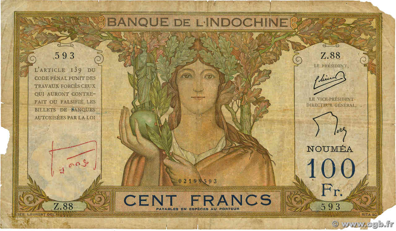 100 Francs NOUVELLE CALÉDONIE  1953 P.42c fSGE