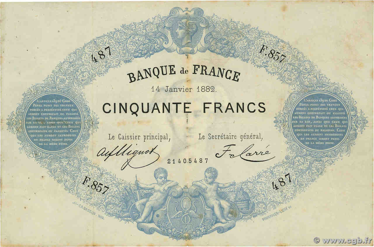 50 Francs type 1868 - Bleu à indices Noirs FRANCE  1882 F.A38.12 TB+