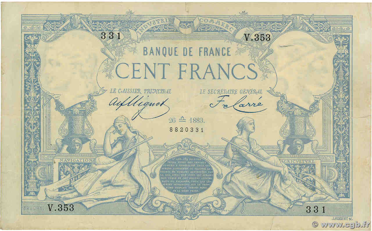 100 Francs type 1882 - À filigrane dégagé FRANCE  1883 F.A48.03 F+