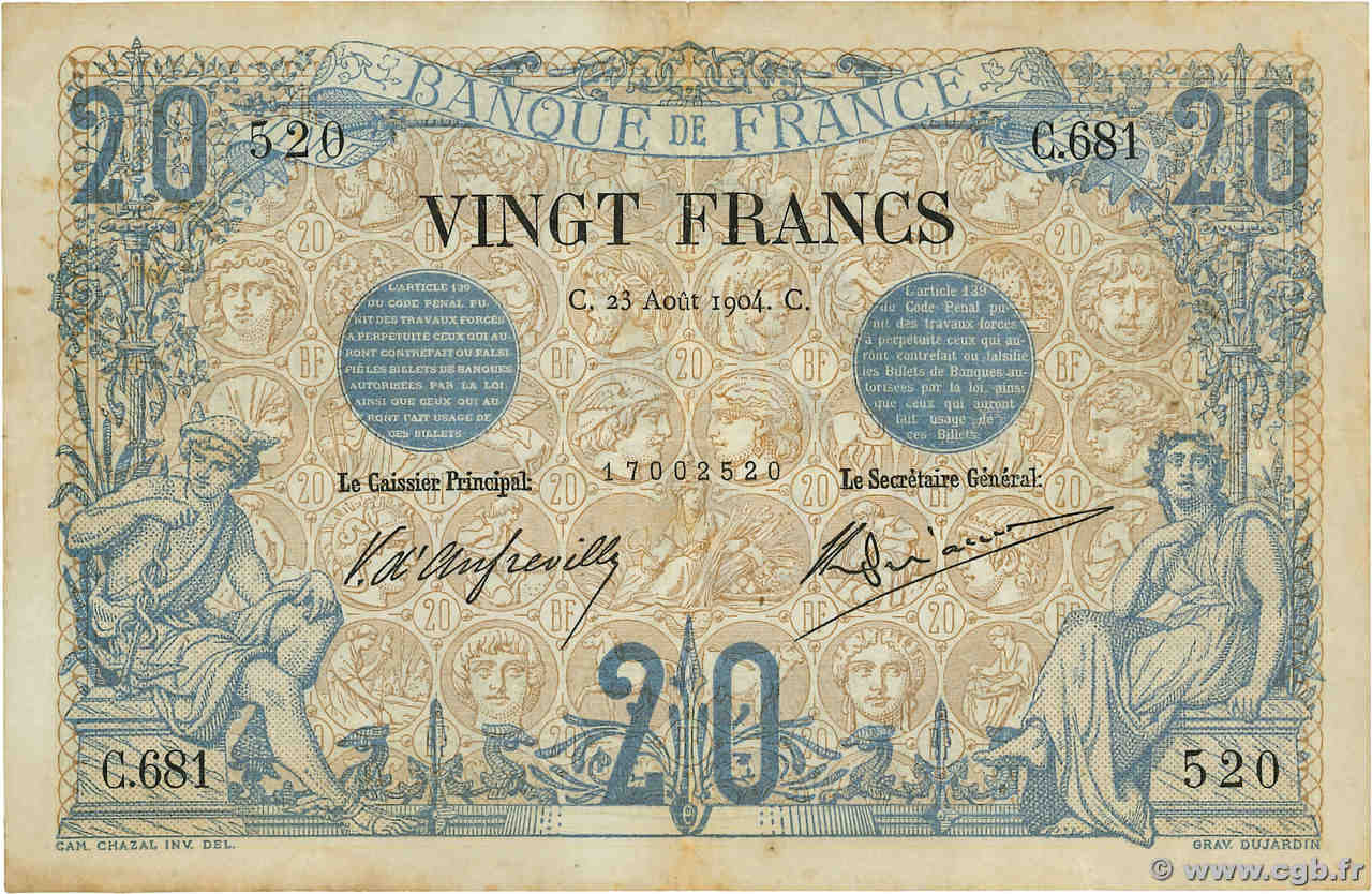 20 Francs NOIR FRANCE  1904 F.09.03 VF-