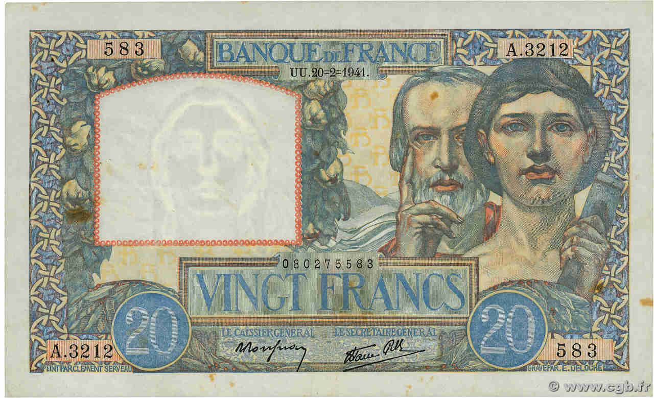 20 Francs TRAVAIL ET SCIENCE FRANCE  1941 F.12.12 TTB+