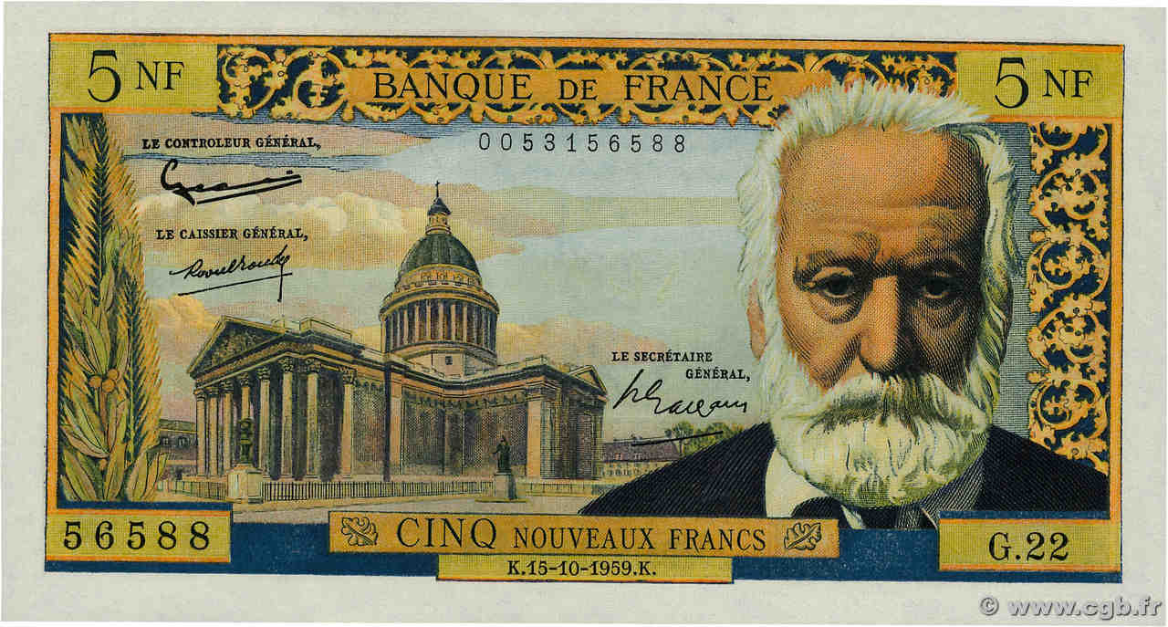 5 Nouveaux Francs VICTOR HUGO FRANCE  1959 F.56.03 pr.NEUF