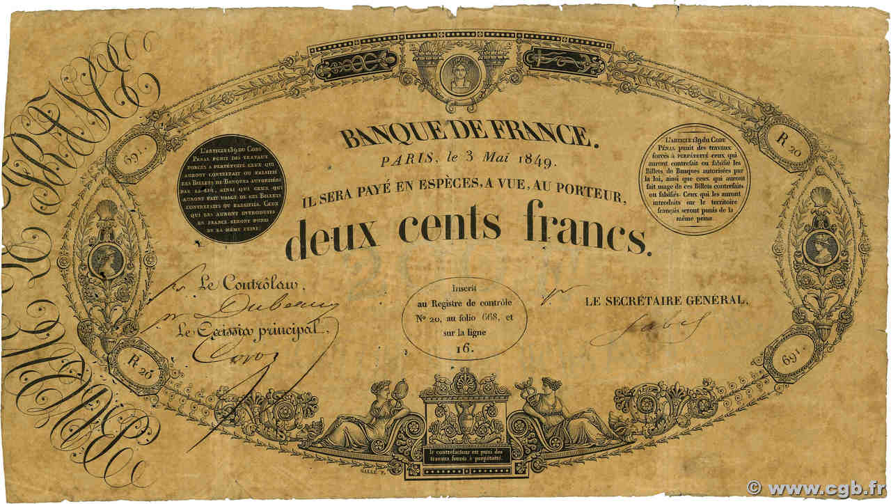 200 Francs type 1847 - Galle FRANCE  1849 F.A28.03 G