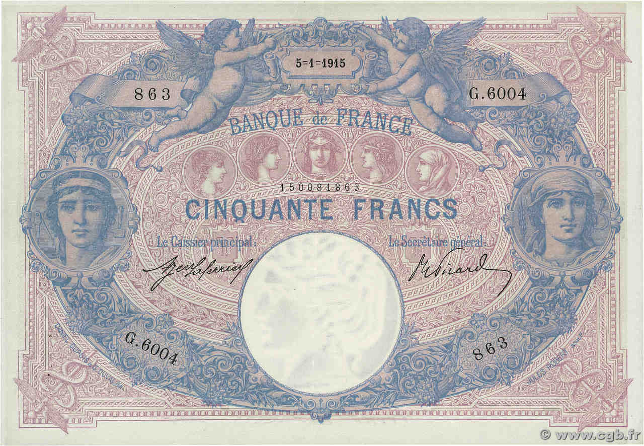 50 Francs BLEU ET ROSE FRANCIA  1915 F.14.28 SPL