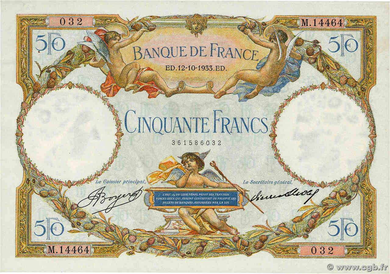 50 Francs LUC OLIVIER MERSON type modifié FRANCE  1933 F.16.04 XF