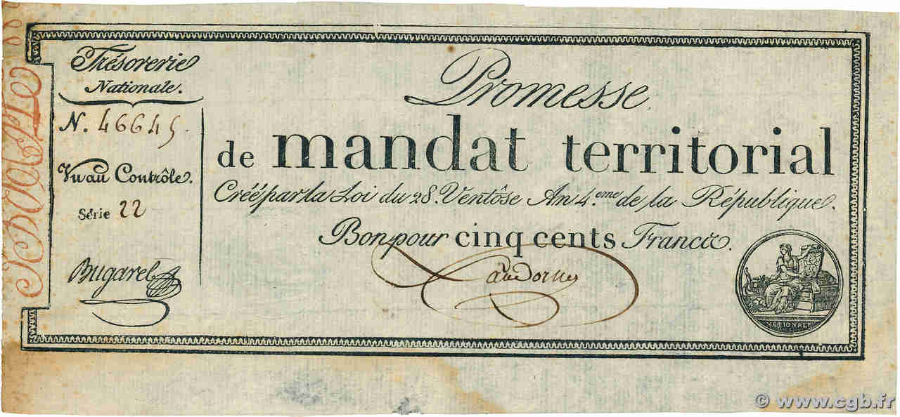 500 Francs avec série FRANCIA  1796 Ass.62b q.SPL