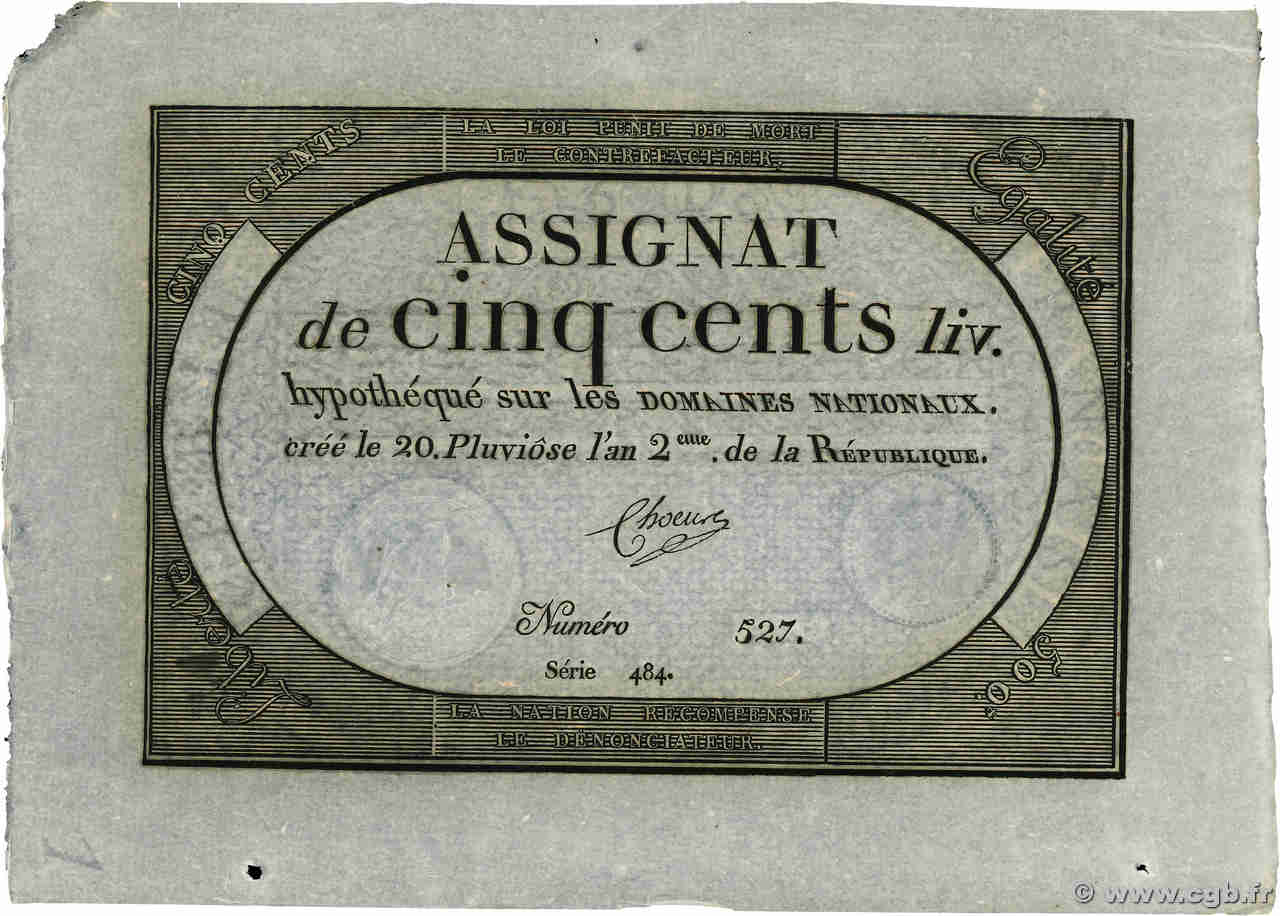 500 Livres FRANCE  1794 Ass.47a AU+