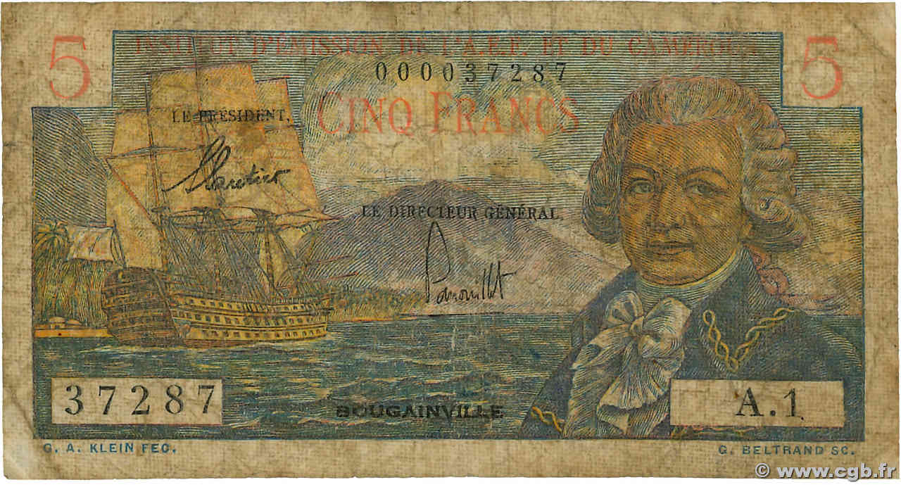 5 Francs Bougainville FRENCH EQUATORIAL AFRICA  1957 P.28 VG