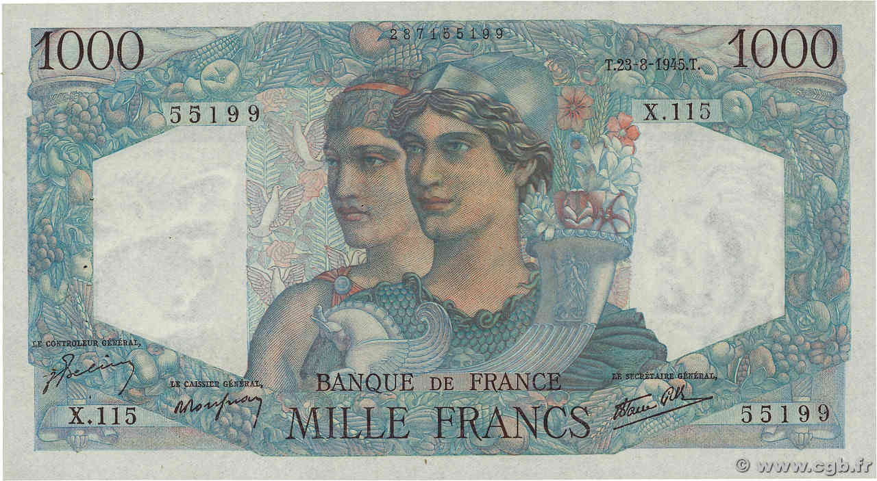 1000 Francs MINERVE ET HERCULE FRANCE  1945 F.41.07 TTB+